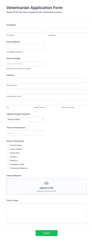 Veterinarian Application Form Form Template