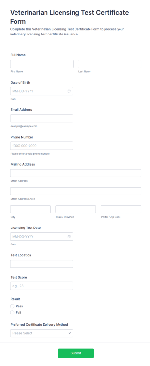 Veterinarian Licensing Test Certificate Form Template