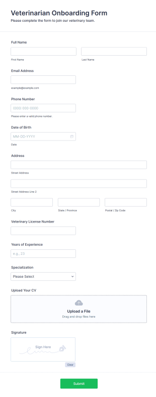 Veterinarian Onboarding Form Template