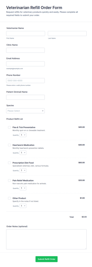 Veterinarian Refill Order Form Template