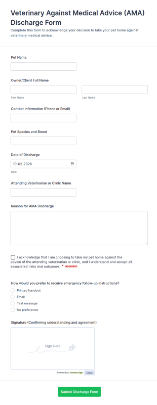 Veterinary Against Medical Advice Discharge Form Template