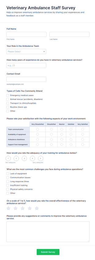 Veterinary Ambulance Staff Survey Form Template