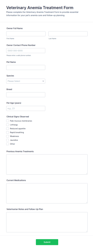 Veterinary Anemia Treatment Form Template