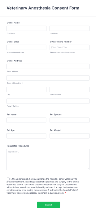 Veterinary Anesthesia Consent Form Template