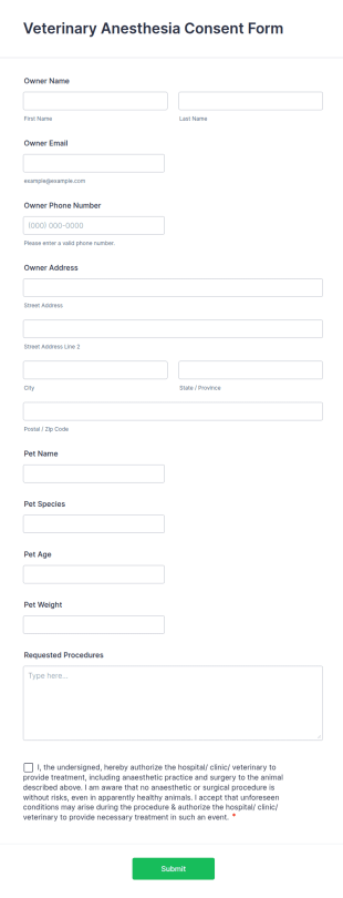 Veterinary Anesthesia Consent Form Template