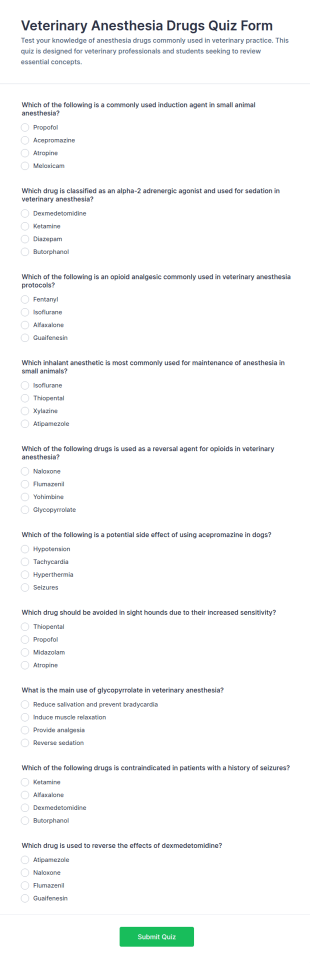 Veterinary Anesthesia Drugs Quiz Form Template