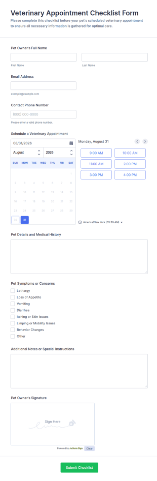 Veterinary Appointment Checklist Form Template