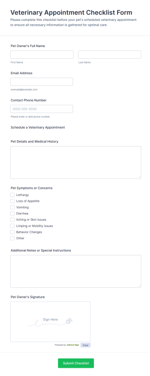 Veterinary Appointment Checklist Form Template