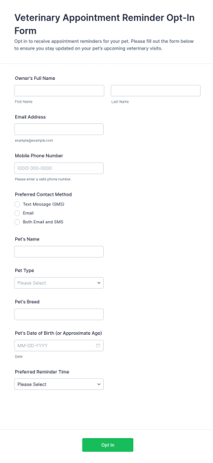 Veterinary Appointment Reminder Opt In Form Template