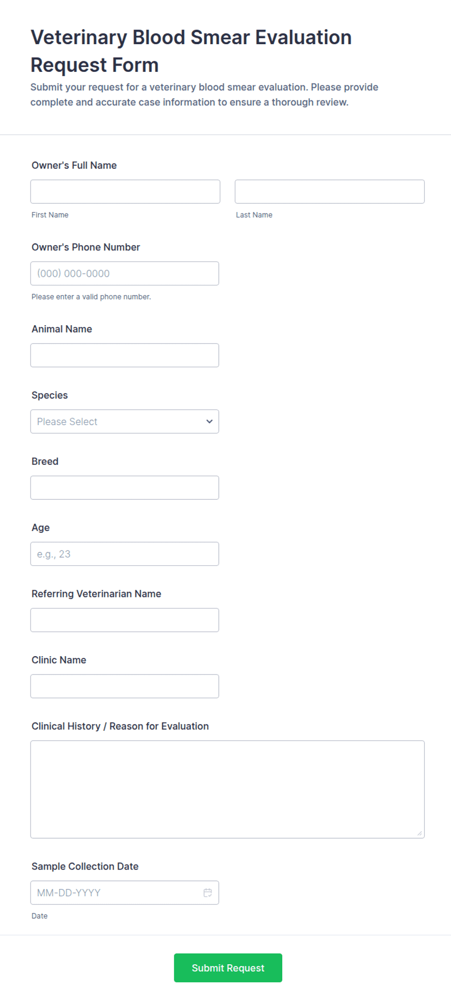 Veterinary Blood Smear Evaluation Request Form Template | Jotform
