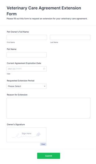 Veterinary Care Agreement Extension Form Form Template