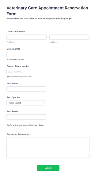 Veterinary Care Appointment Reservation Form Template