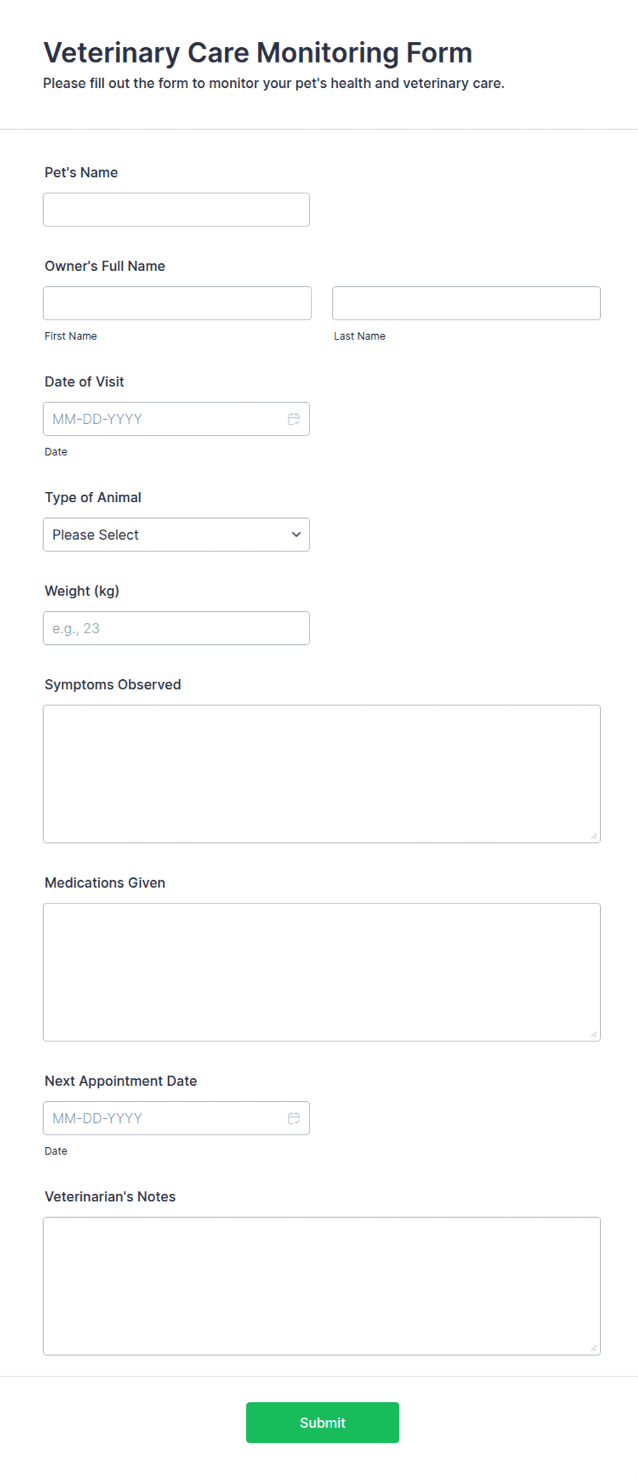 Veterinary Care Monitoring Form Template | Jotform