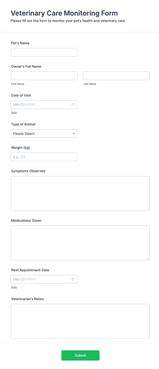 Veterinary Care Monitoring Form Template