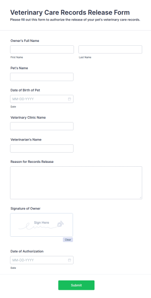Veterinary Care Records Release Form Template