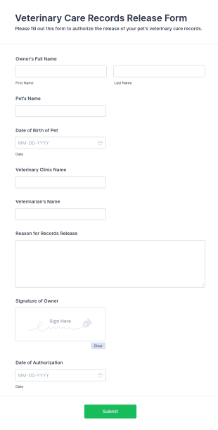 Veterinary Care Records Release Form Template