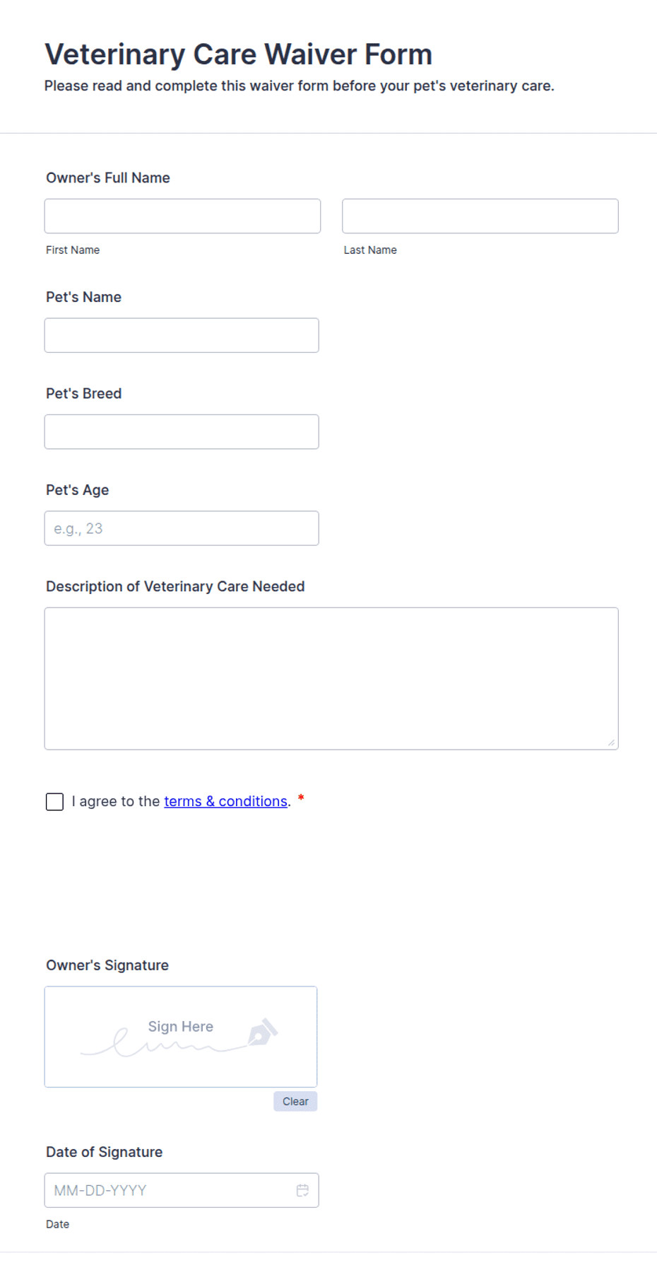 Veterinary Care Waiver Form Template | Jotform