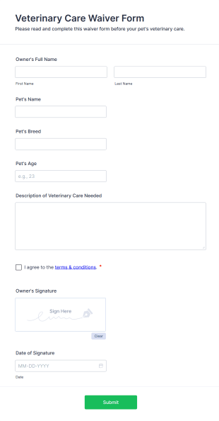Veterinary Care Waiver Form Template