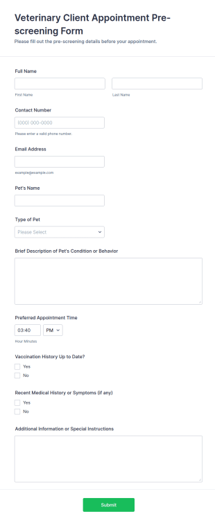 Veterinary Client Appointment Pre Screening Form Template