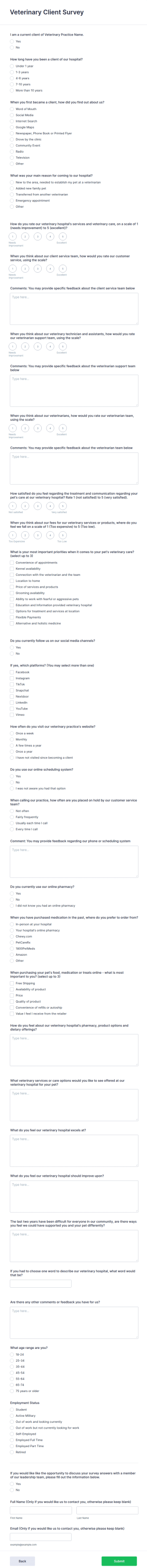 Veterinary Client Survey Form Template