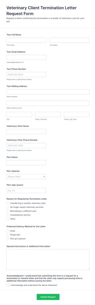 Veterinary Client Termination Letter Request Form Template