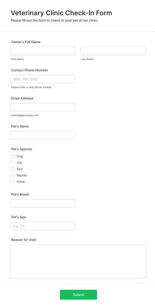 Veterinary Clinic Check In Form Form Template