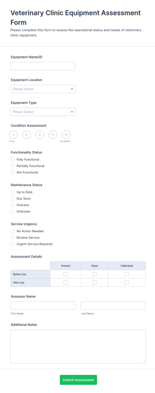 Veterinary Clinic Equipment Assessment Form Template