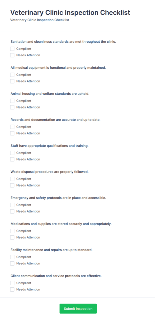 Veterinary Clinic Inspection Checklist Form Template