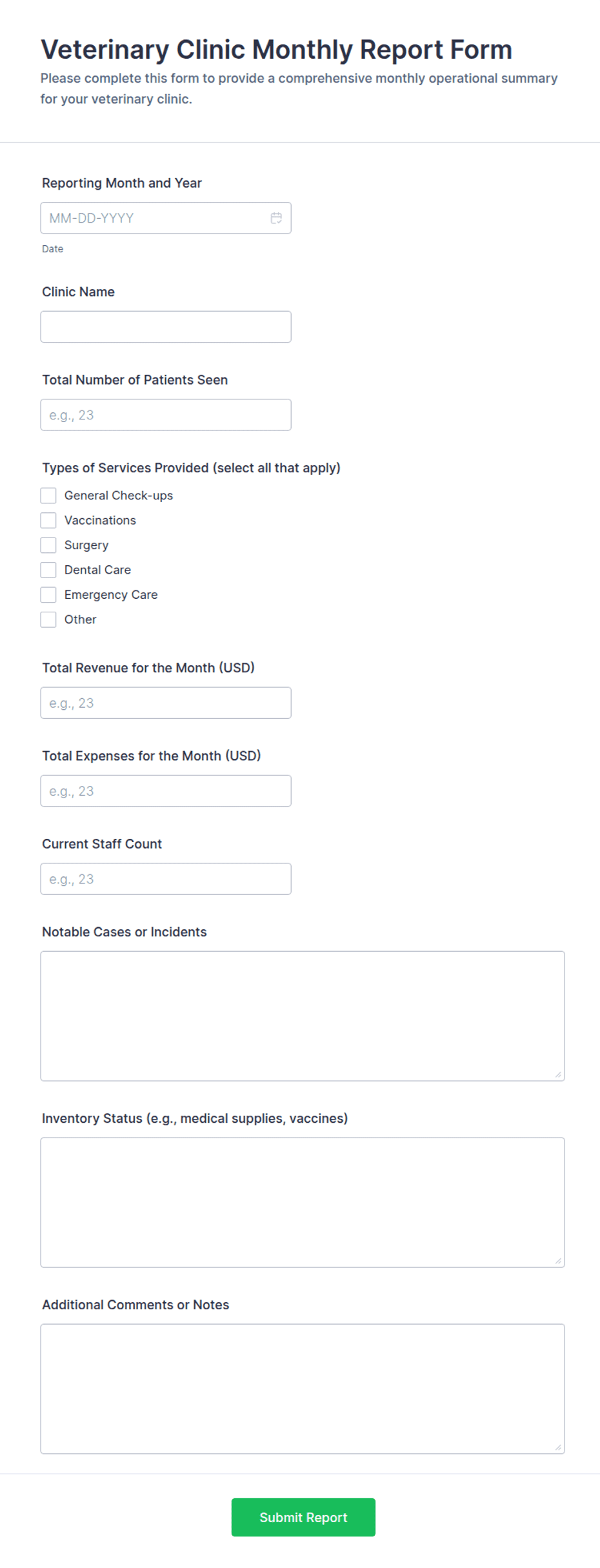 Veterinary Clinic Monthly Report Form Template | Jotform