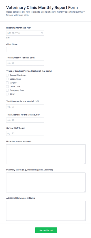 Veterinary Clinic Monthly Report Form Template