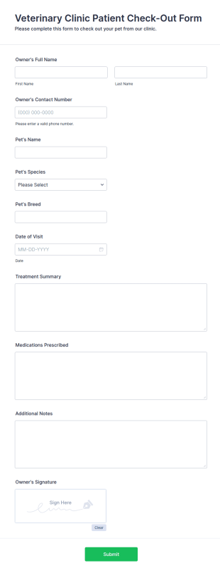 Veterinary Clinic Patient Check Out Form Template