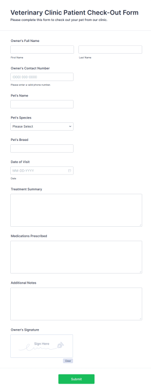 Veterinary Clinic Patient Check Out Form Template