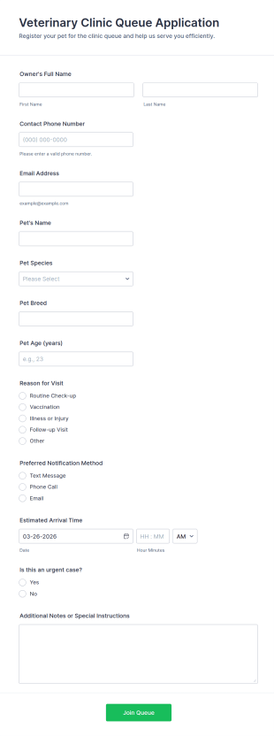 Veterinary Clinic Queue Application Form Template