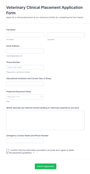Veterinary Clinical Placement Application Form Form Template