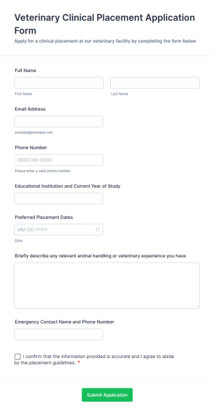 Veterinary Clinical Placement Application Form Template