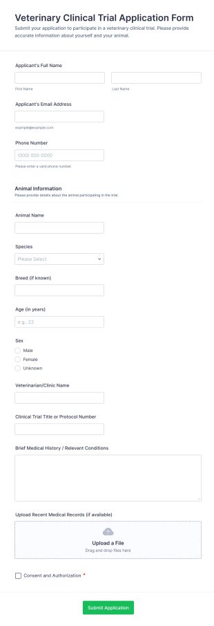 Veterinary Clinical Trial Application Form Form Template
