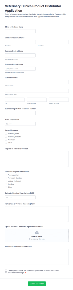 Veterinary Clinics Product Distributor Application Form Template