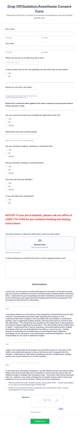 Veterinary Drop Off Consent Form Template