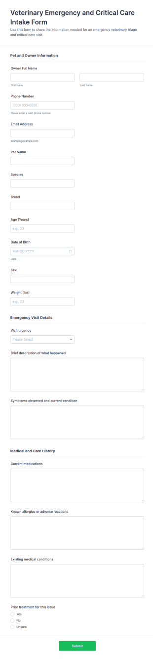 Veterinary Emergency And Critical Care Intake Form Template