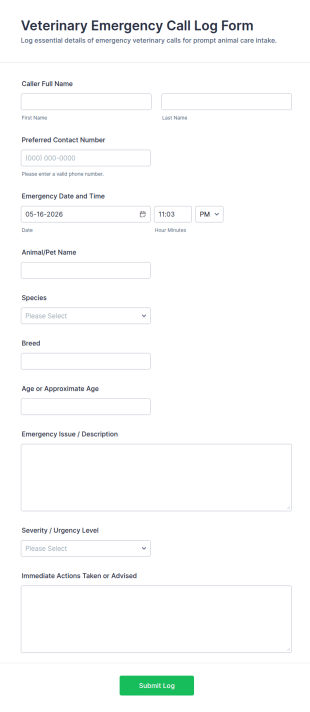 Veterinary Emergency Call Log Form Template