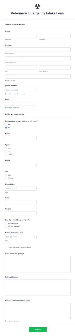 Veterinary Emergency Intake Form Template