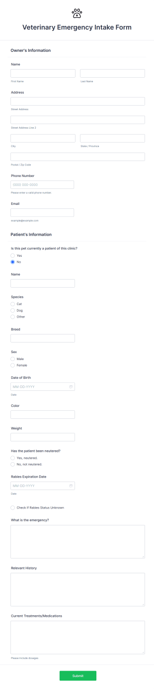 Veterinary Emergency Intake Form Template