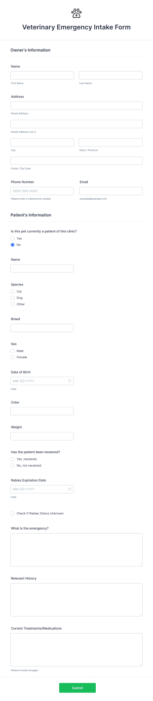 Veterinary Emergency Intake Form Template