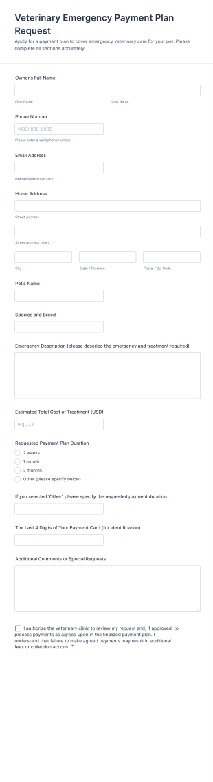 Veterinary Emergency Payment Plan Request Form Template