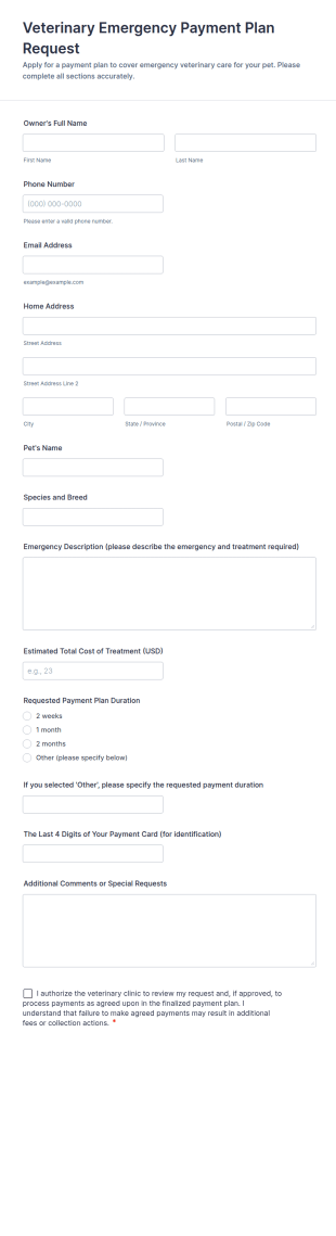 Veterinary Emergency Payment Plan Request Form Template