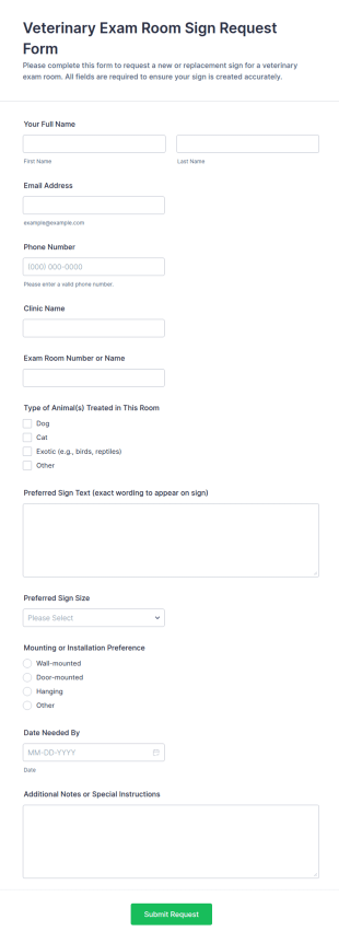 Veterinary Exam Room Sign Request Form Template