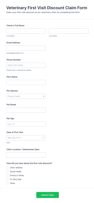 Veterinary First Visit Discount Claim Form Template