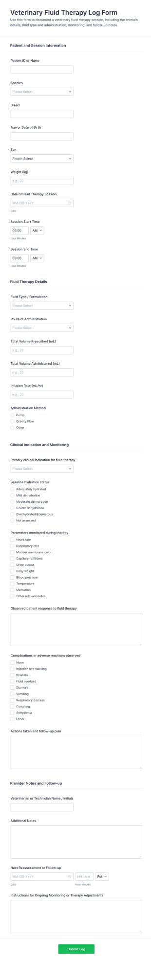 Veterinary Fluid Therapy Log Form Template