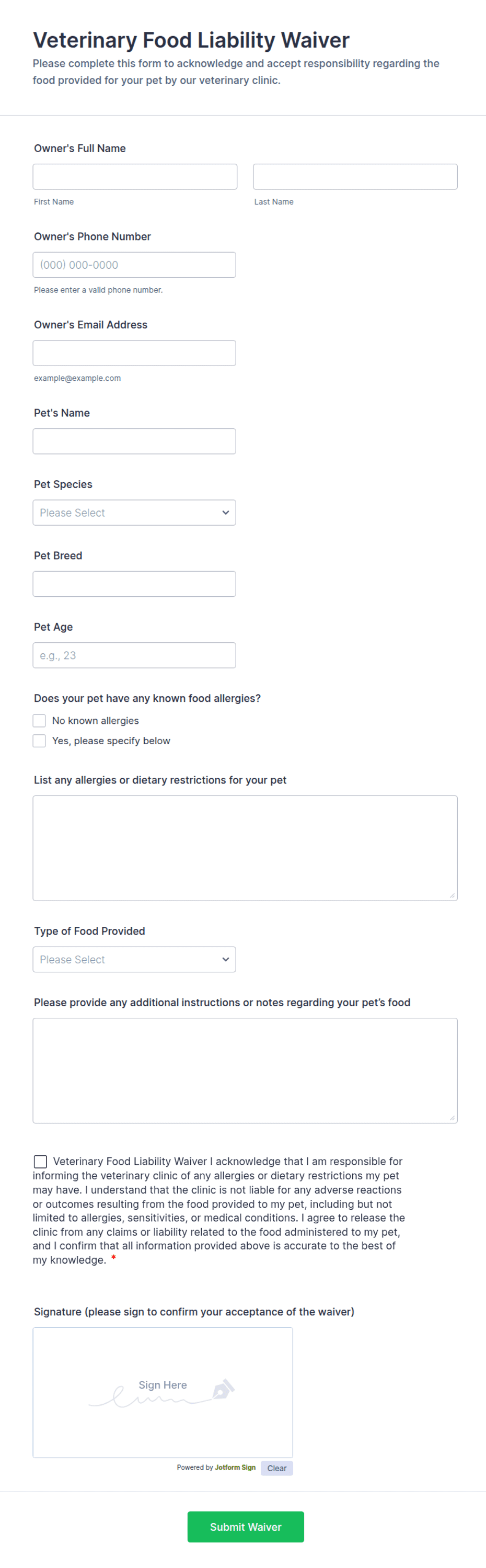 Veterinary Food Liability Waiver Form Template | Jotform