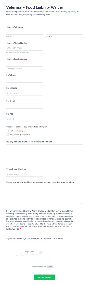 Veterinary Food Liability Waiver Form Template